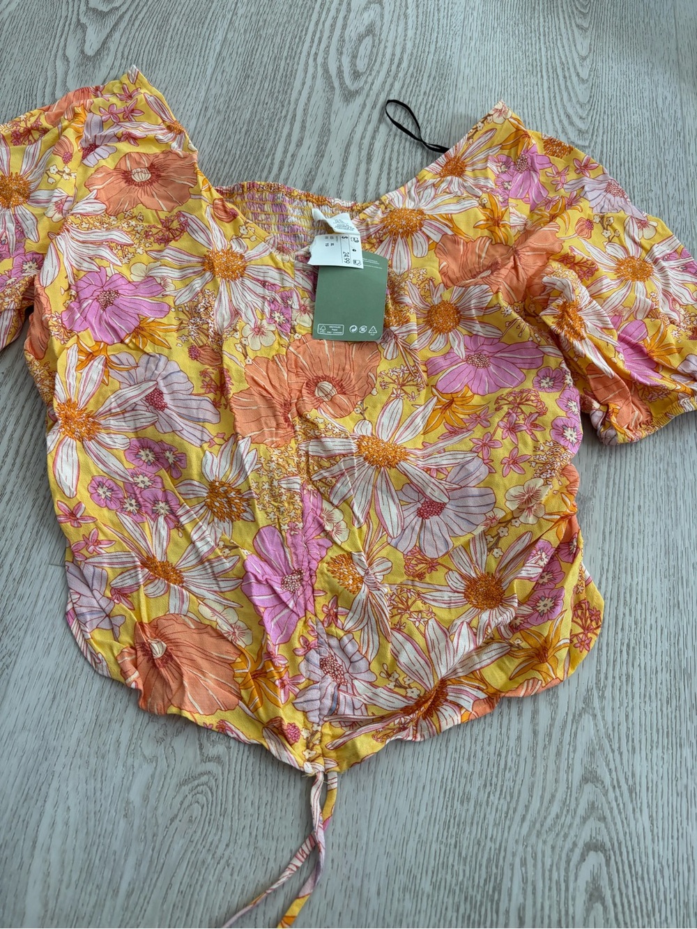 H&M Yellow Pink Orange Floral Off-Shoulder Tie-Hem Top